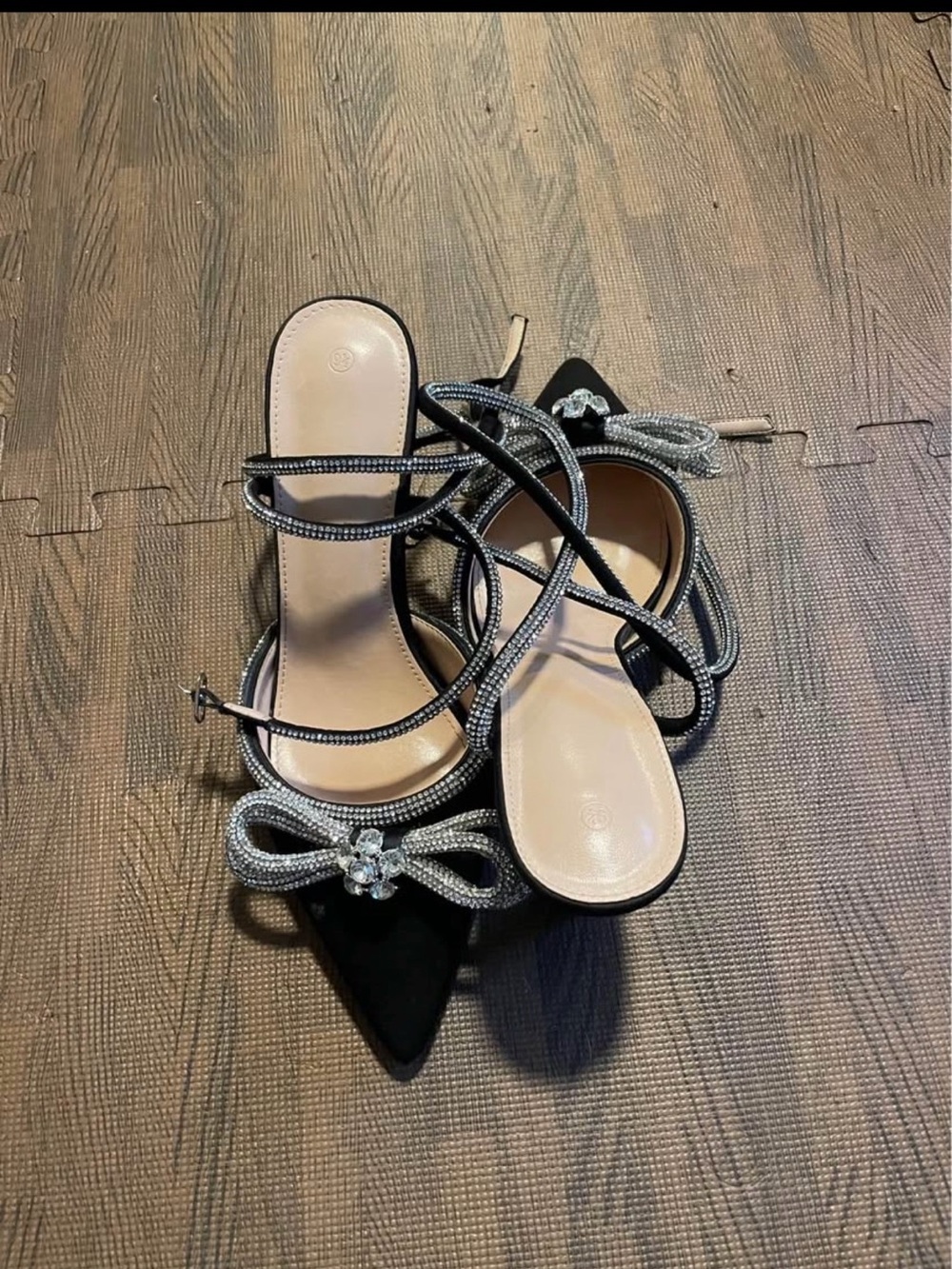Black Embellished Lace-Up Pointed-Toe Women’s heels